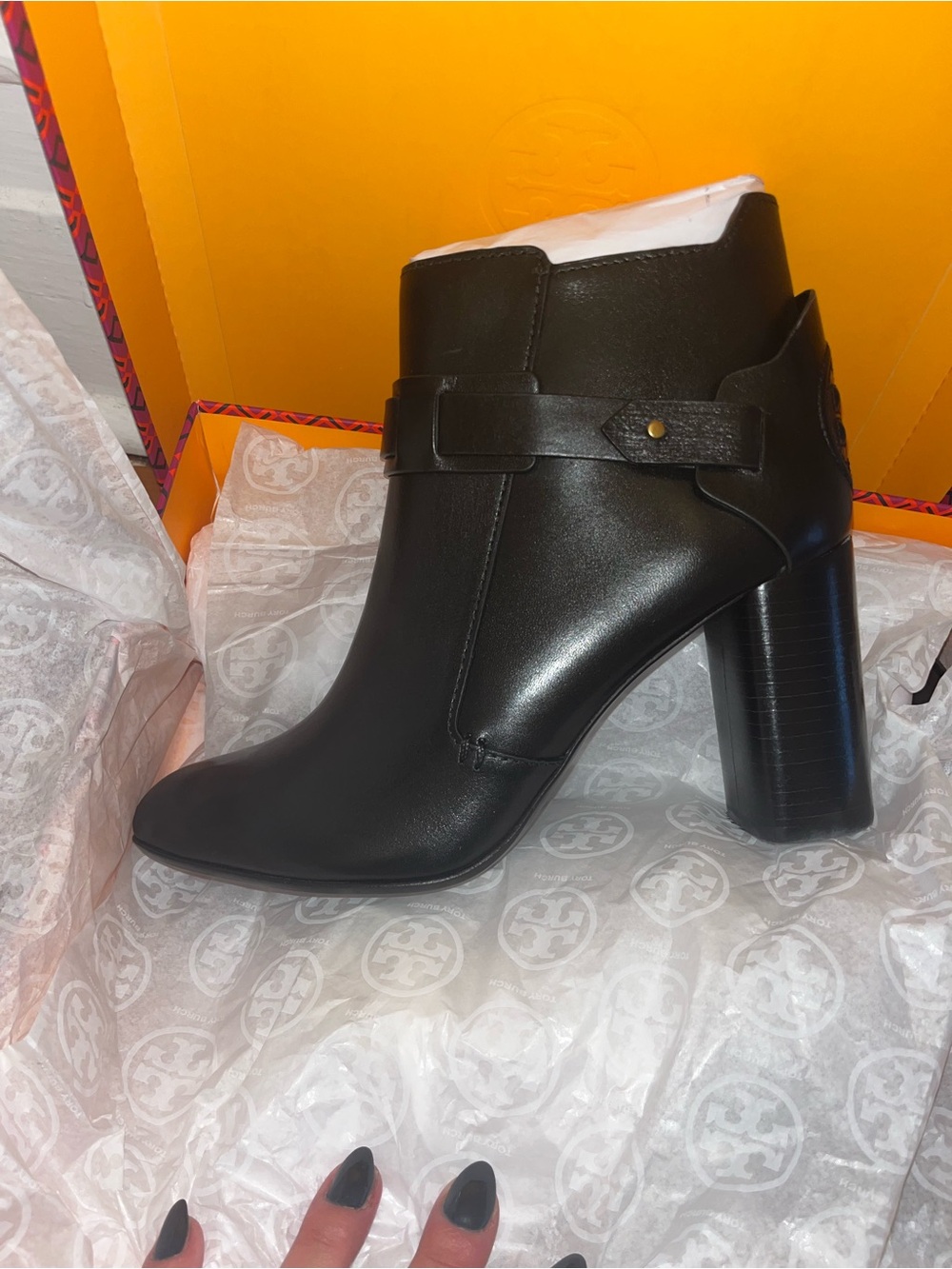 Tory Burch Black Leather High Block Heel Ankle Boots